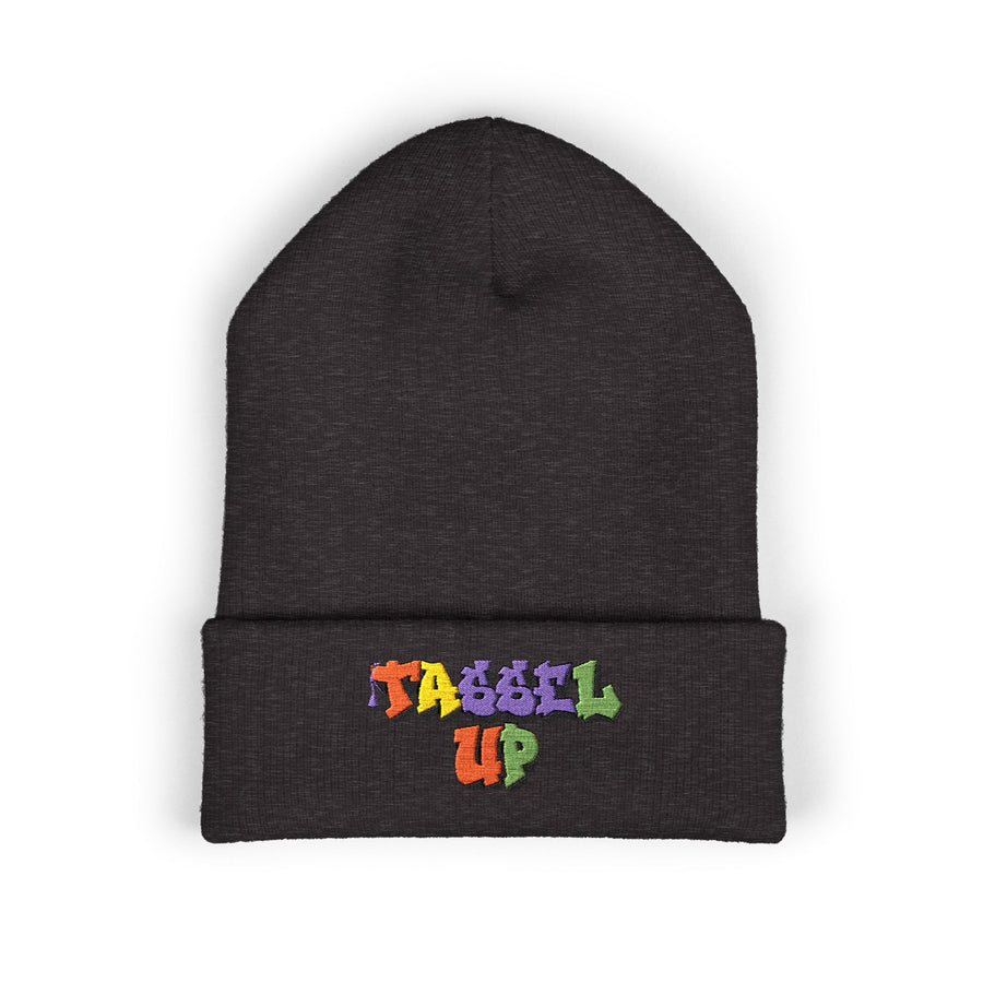 Tassel Up Graffiti Cuffed Beanie