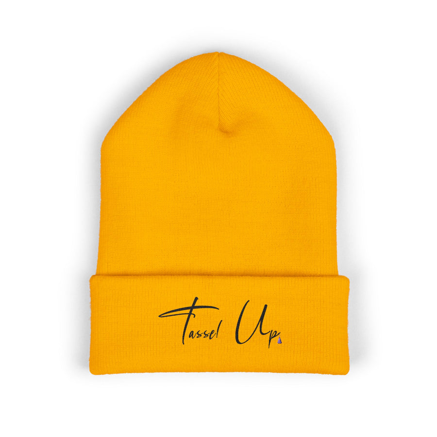 Tassel Up Cursive Cuffed Beanie