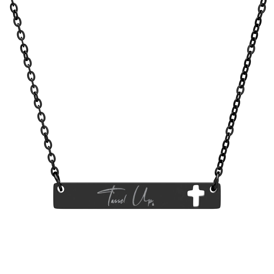 Tassel Up Cursive Cutout Cross Bar Necklace