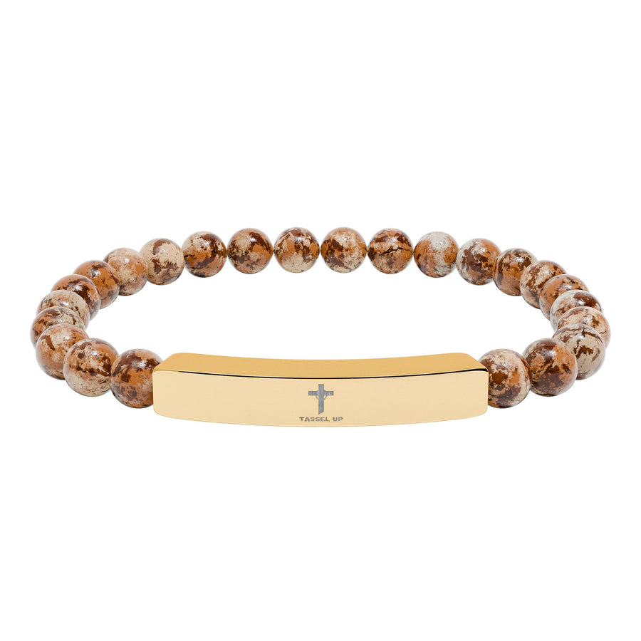 Tassel Up Cross Natural Stone Stretch Bar Bracelet
