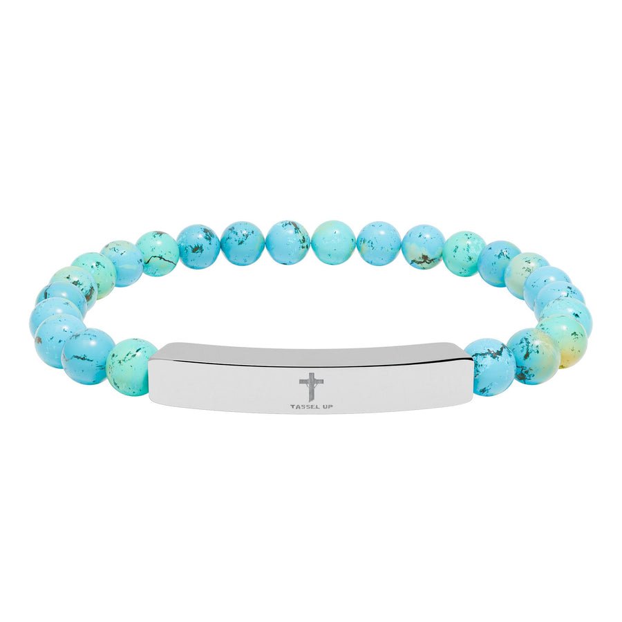 Tassel Up Cross Natural Stone Stretch Bar Bracelet
