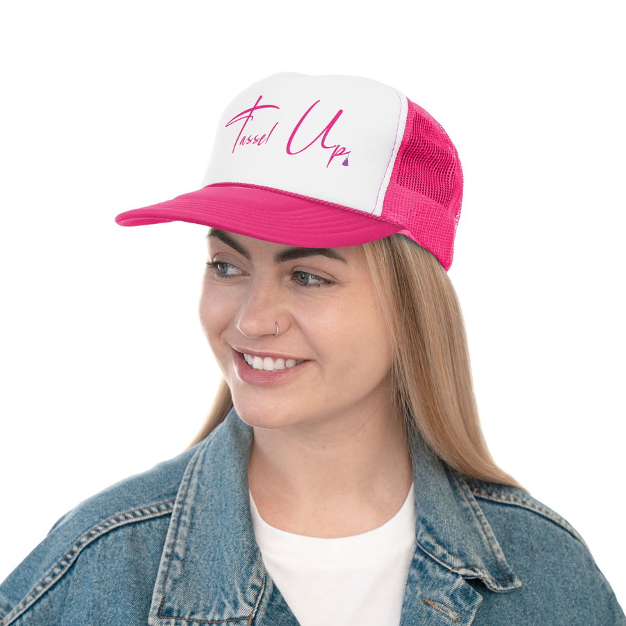 Tassel Up Pink Cursive Letters Trucker Cap