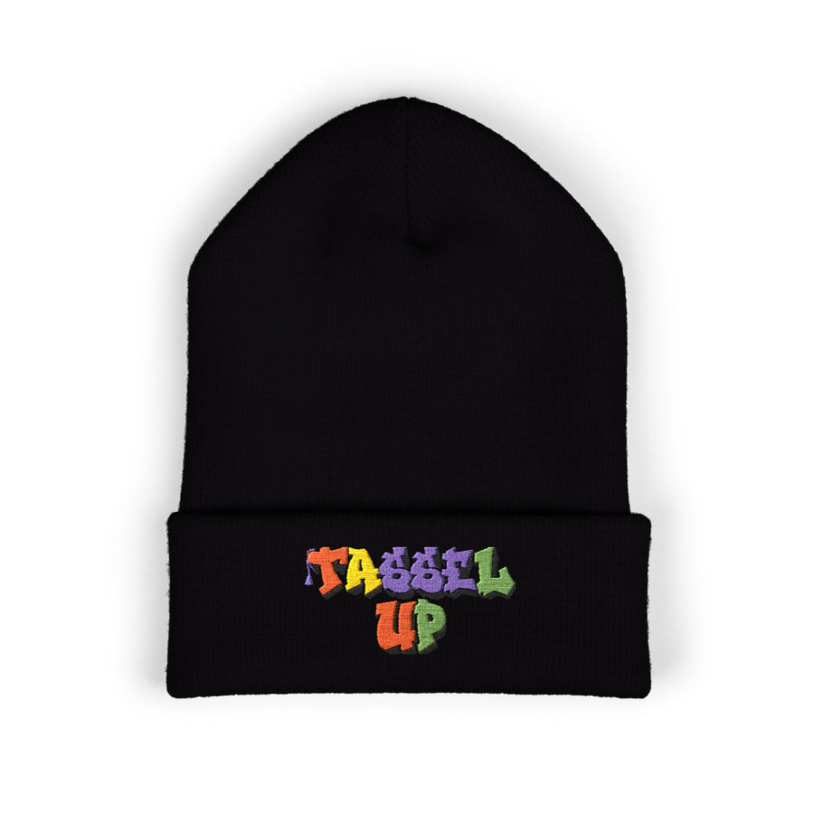 Tassel Up Graffiti Cuffed Beanie