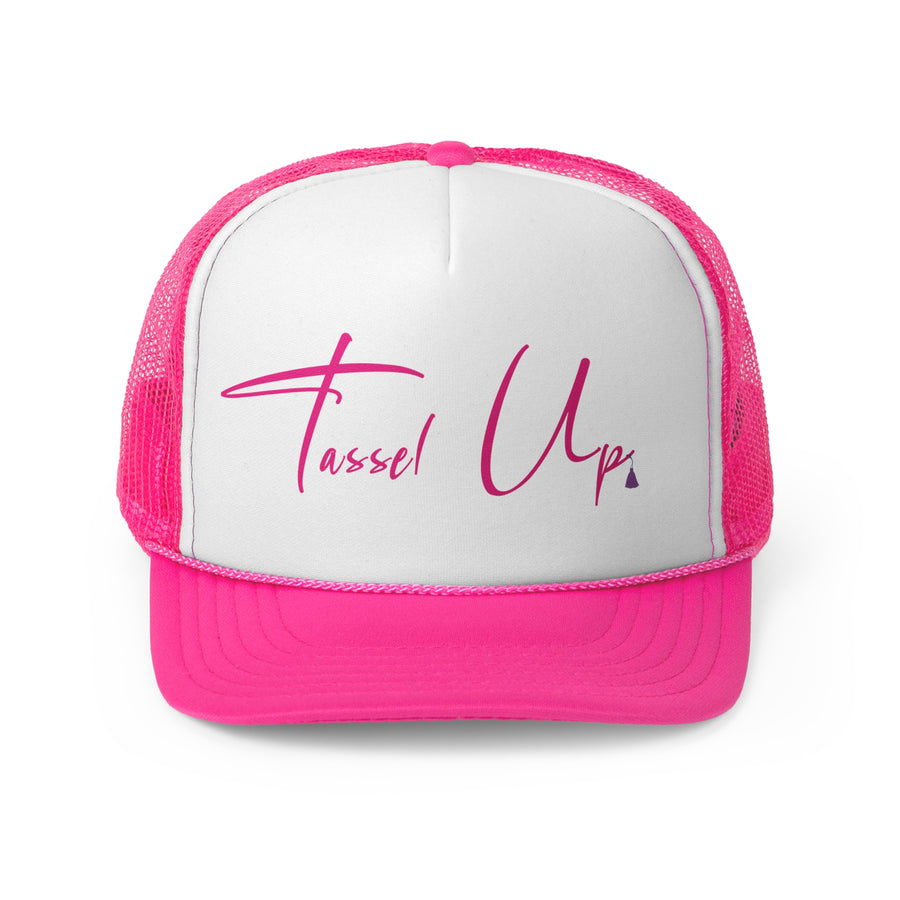 Tassel Up Pink Cursive Letters Trucker Cap