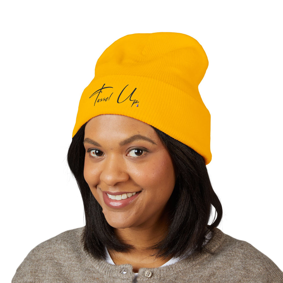 Tassel Up Cursive Cuffed Beanie