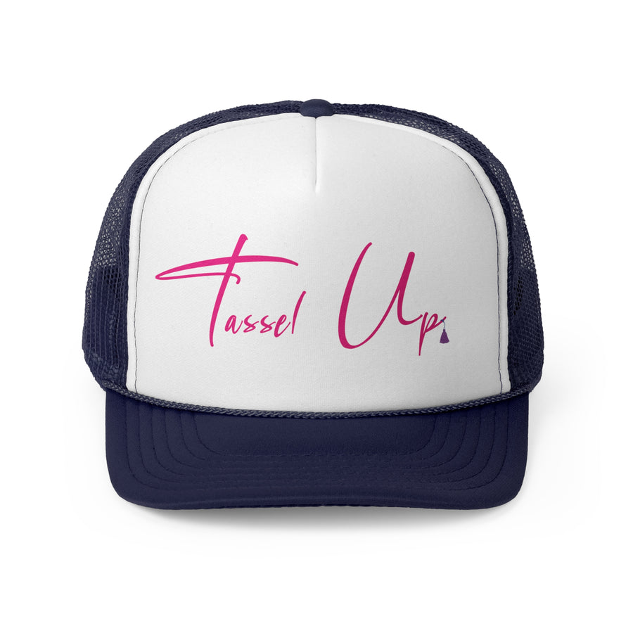 Tassel Up Pink Cursive Letters Trucker Cap
