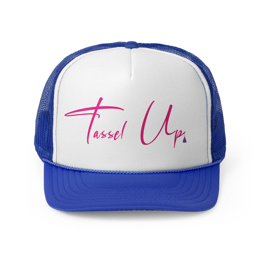 Tassel Up Pink Cursive Letters Trucker Cap