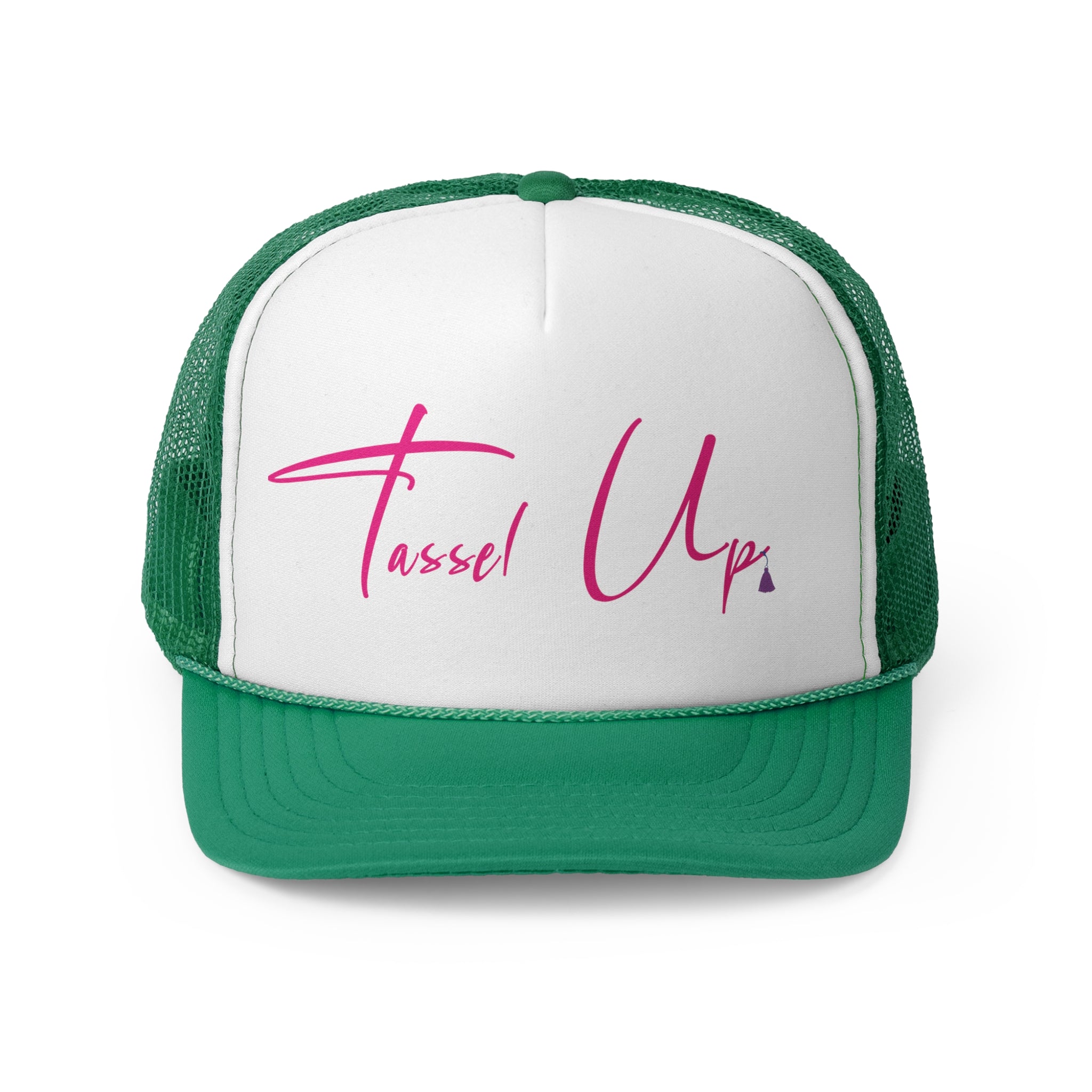 Tassel Up Pink Cursive Letters Trucker Cap