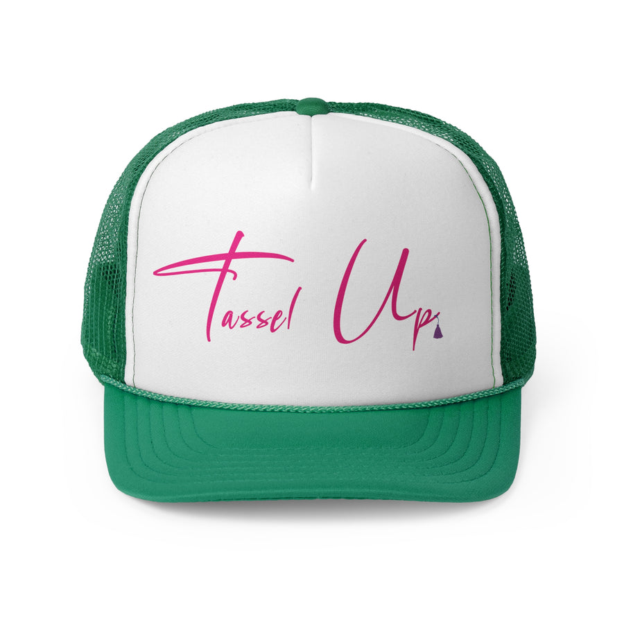 Tassel Up Pink Cursive Letters Trucker Cap