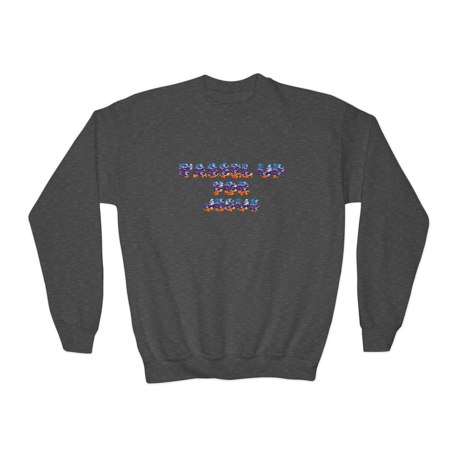 Tassel Up For Jesus Camo Youth Crewneck Sweatshirt