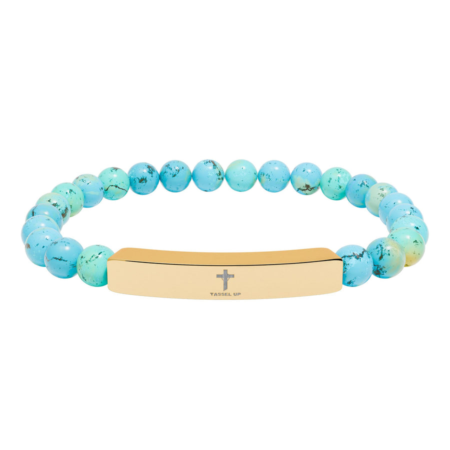 Tassel Up Cross Natural Stone Stretch Bar Bracelet