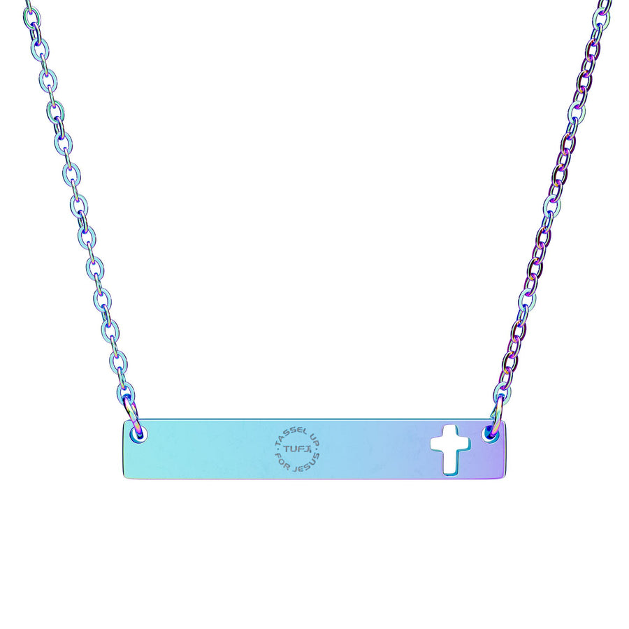 Tassel Up For Jesus Logo Cutout Cross Bar Necklace
