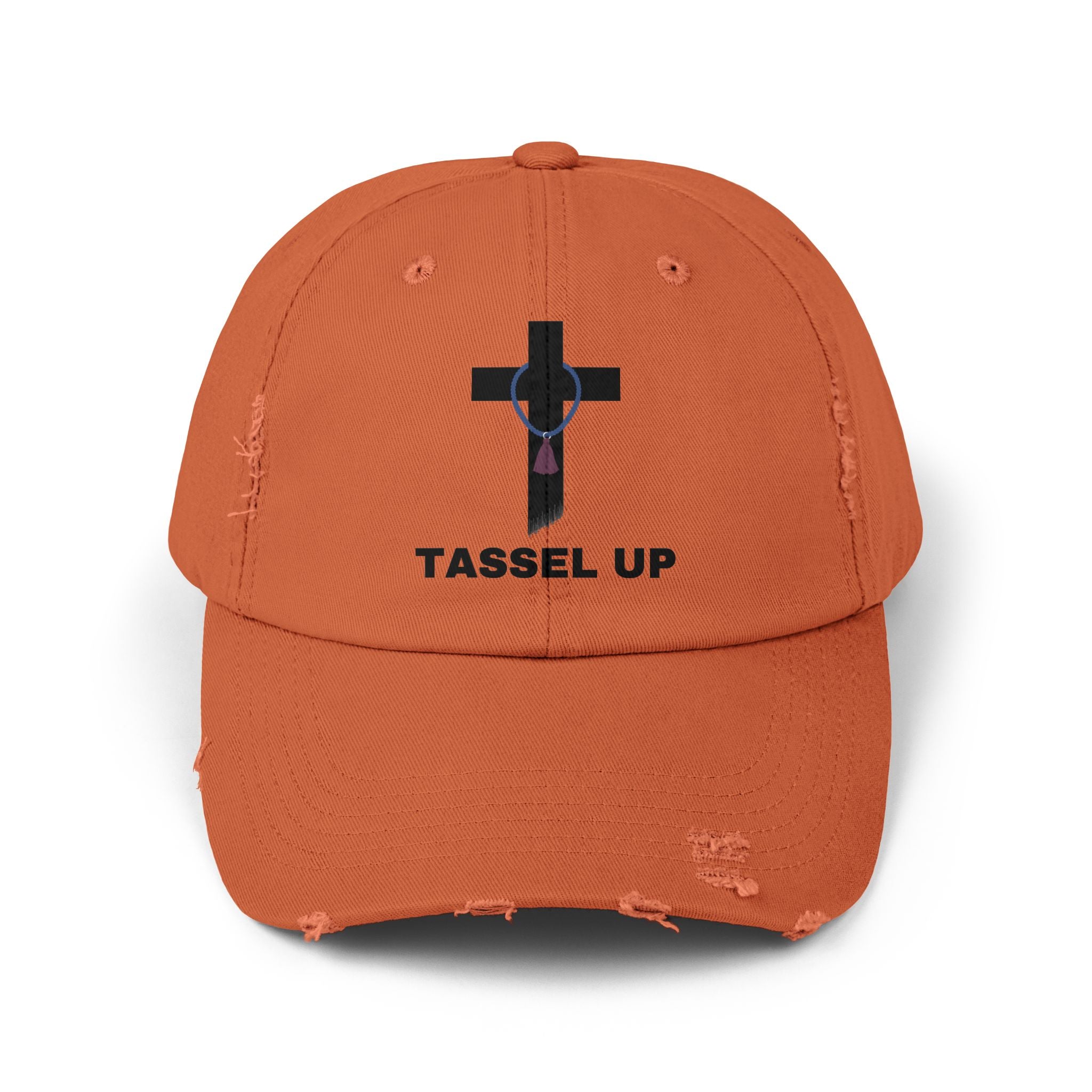 Gray Tassel Cross Unisex Distressed Cap