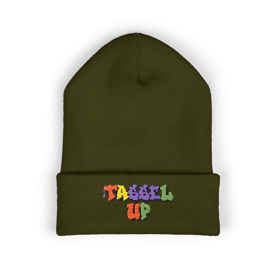 Tassel Up Graffiti Cuffed Beanie