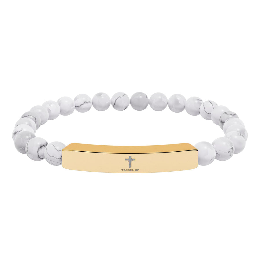 Tassel Up Cross Natural Stone Stretch Bar Bracelet