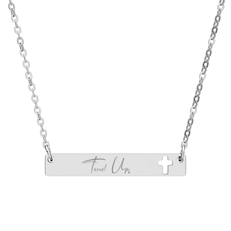 Tassel Up Cursive Cutout Cross Bar Necklace