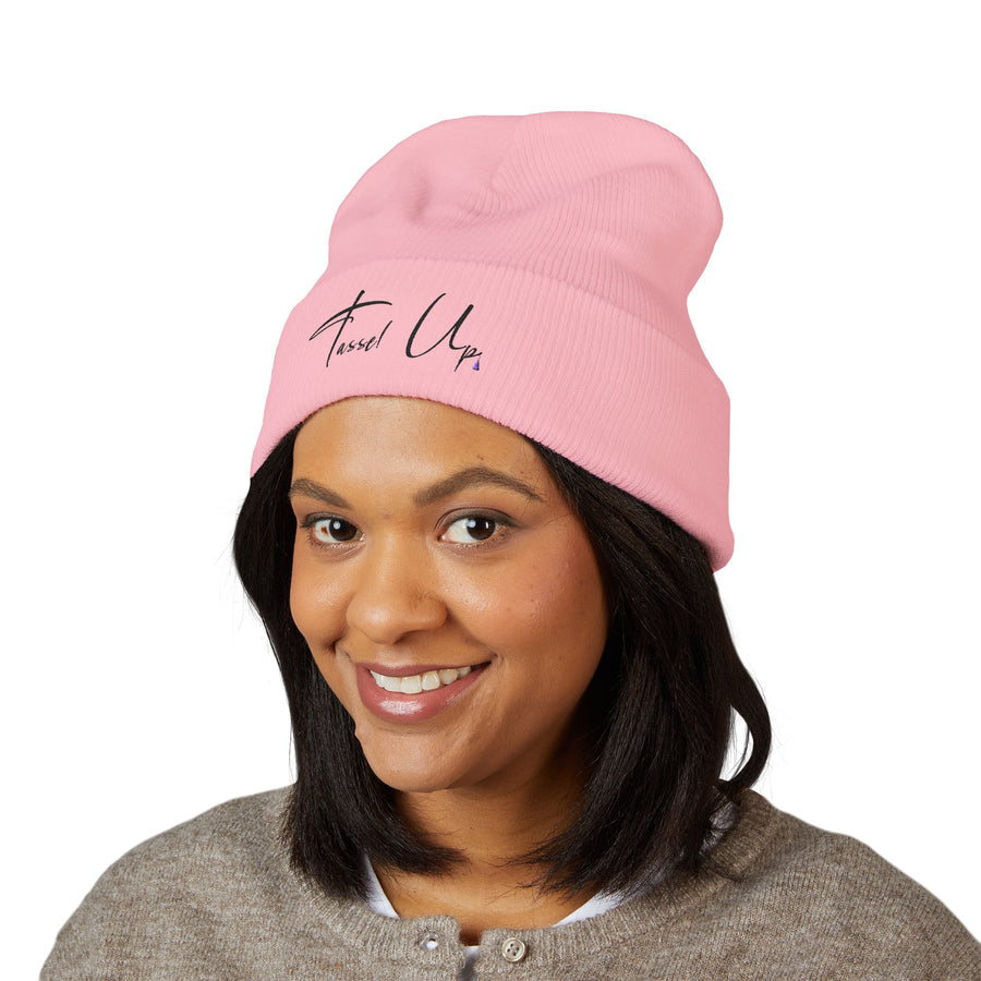 Tassel Up Cursive Cuffed Beanie