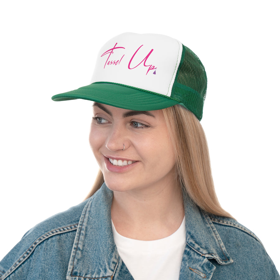 Tassel Up Pink Cursive Letters Trucker Cap