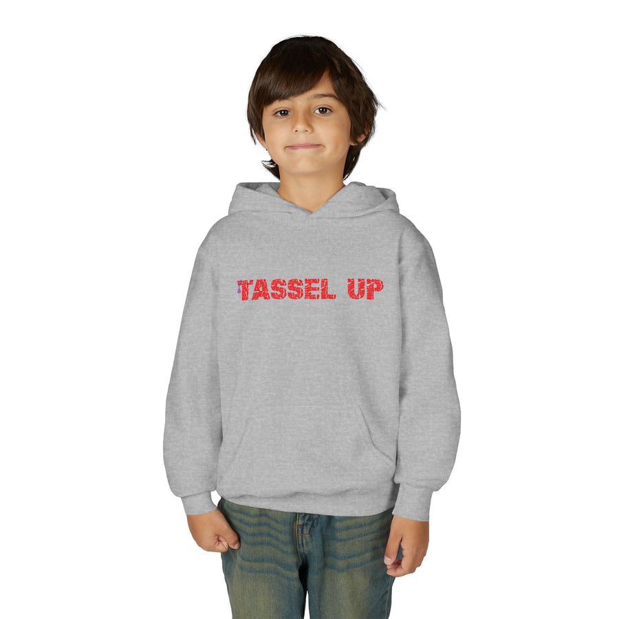 Tassel Up Repeat Red Letters Youth Heavy Blend Hoodie