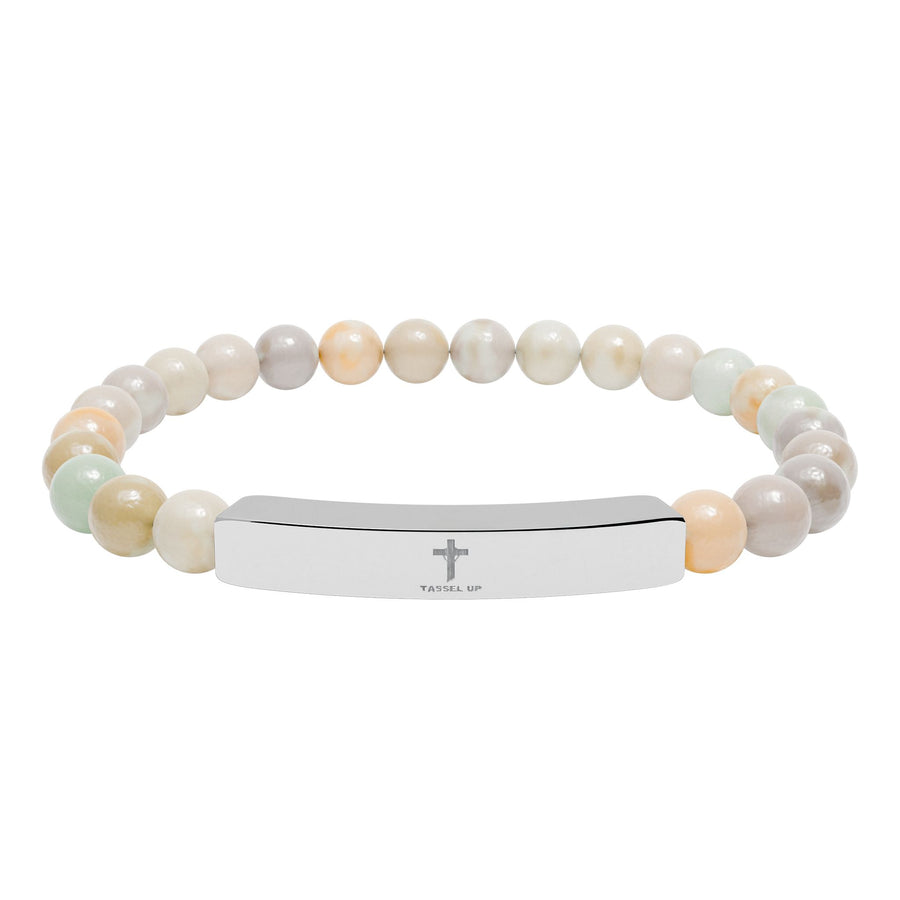 Tassel Up Cross Natural Stone Stretch Bar Bracelet