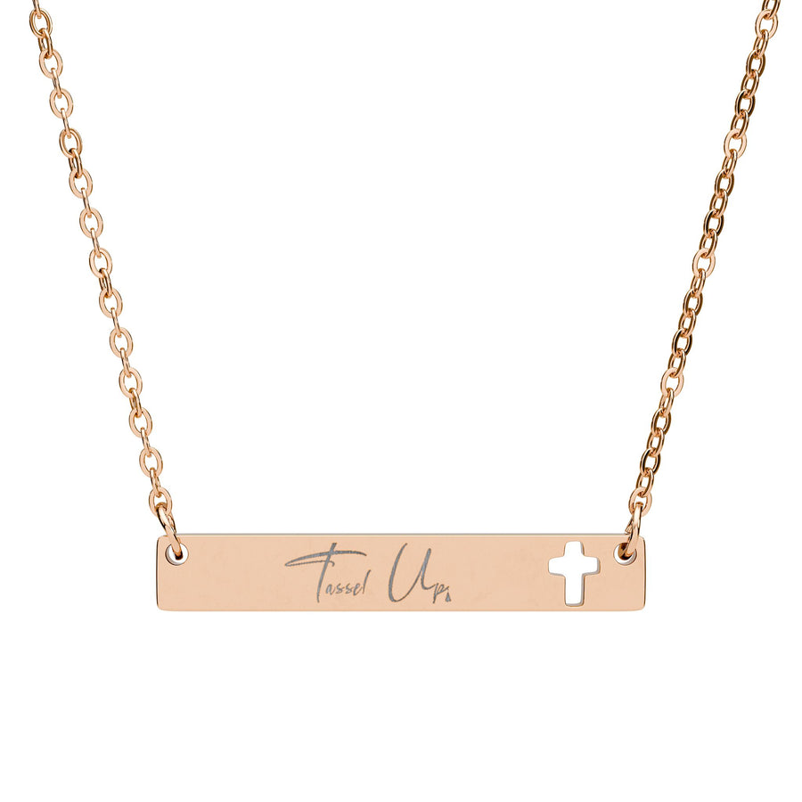 Tassel Up Cursive Cutout Cross Bar Necklace