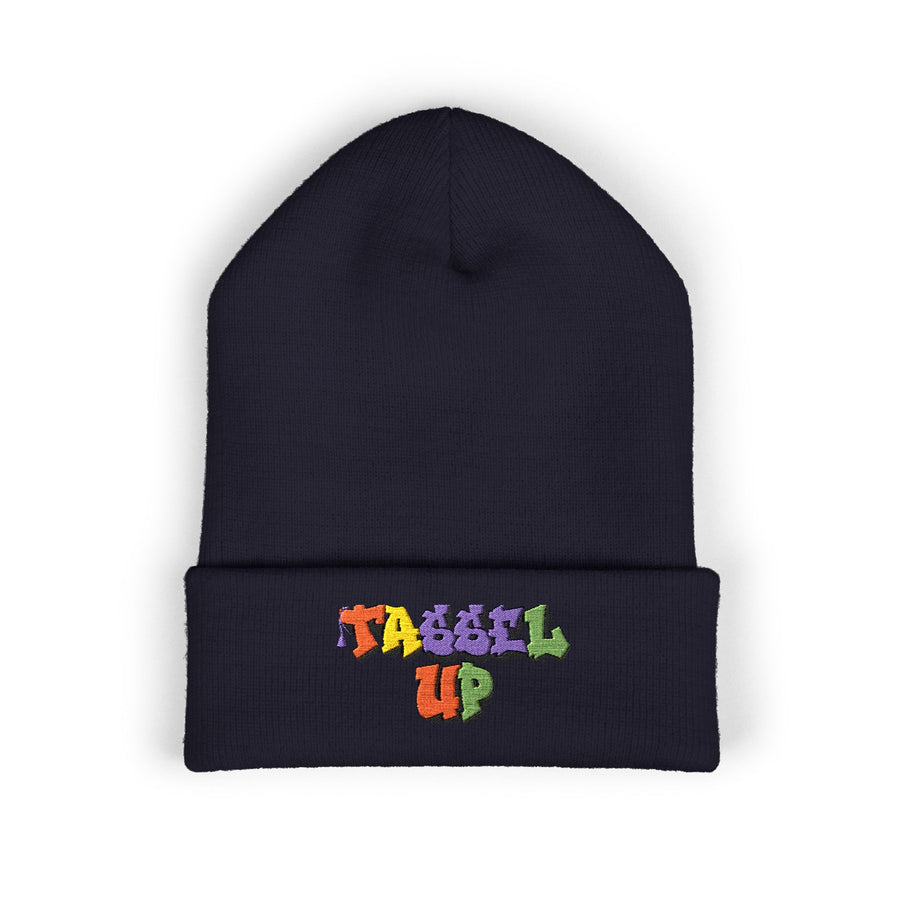 Tassel Up Graffiti Cuffed Beanie