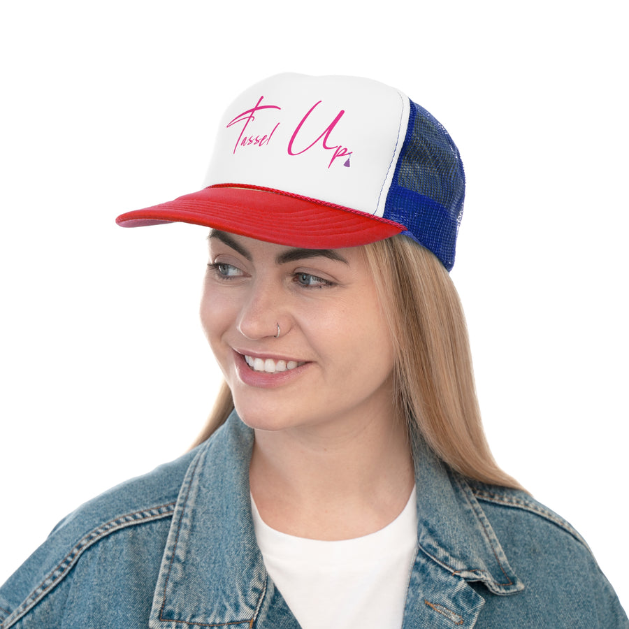 Tassel Up Pink Cursive Letters Trucker Cap