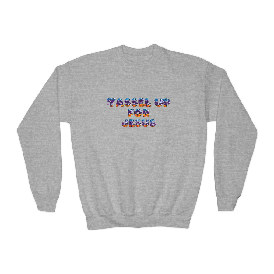 Tassel Up For Jesus Camo Youth Crewneck Sweatshirt