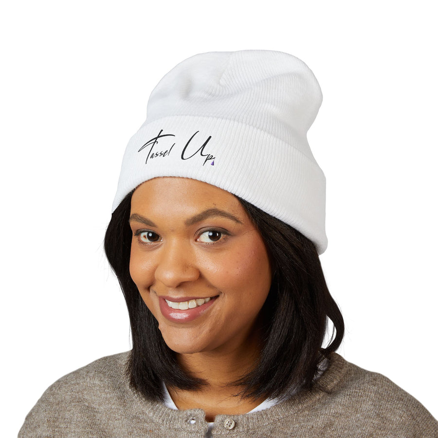 Tassel Up Cursive Cuffed Beanie