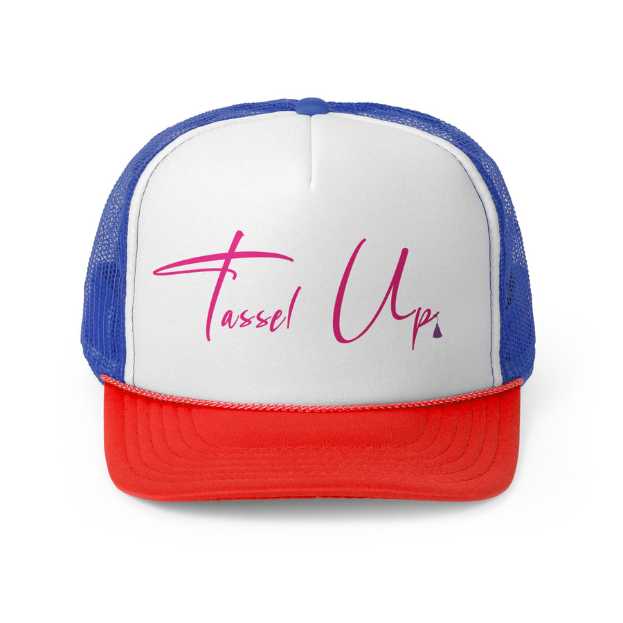 Tassel Up Pink Cursive Letters Trucker Cap