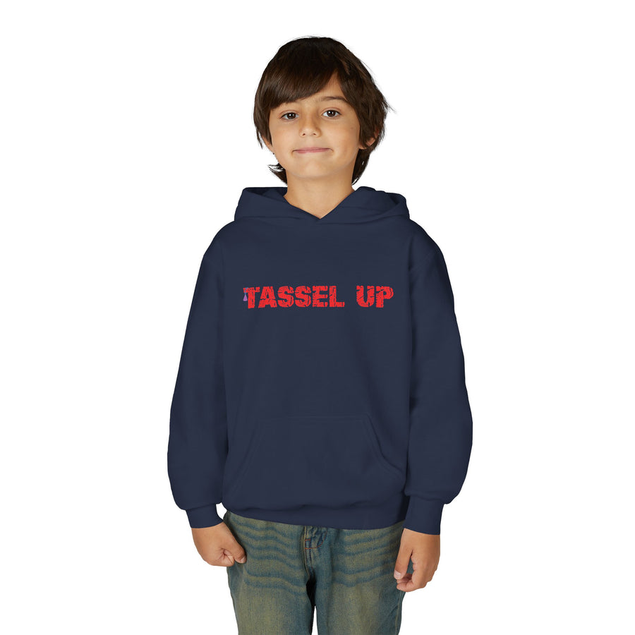 Tassel Up Repeat Red Letters Youth Heavy Blend Hoodie