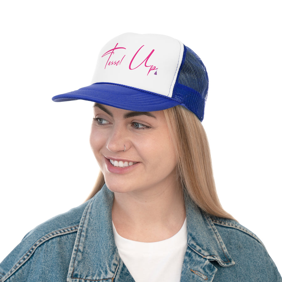 Tassel Up Pink Cursive Letters Trucker Cap