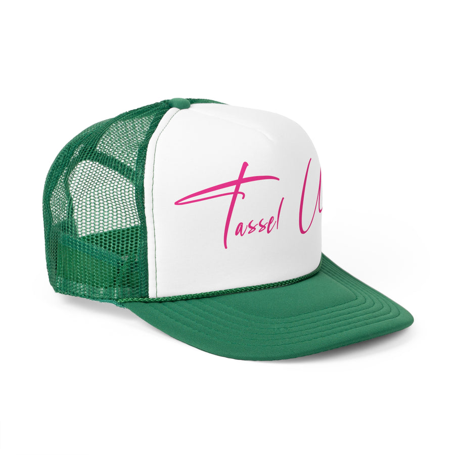 Tassel Up Pink Cursive Letters Trucker Cap