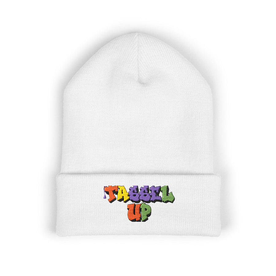 Tassel Up Graffiti Cuffed Beanie