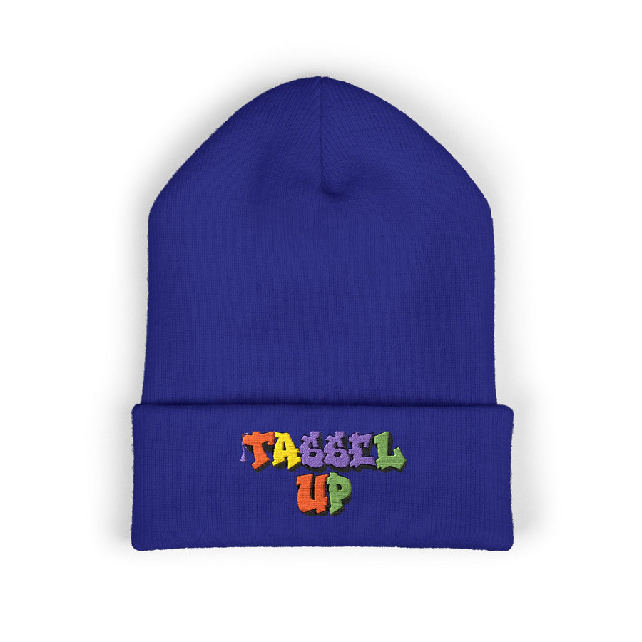 Tassel Up Graffiti Cuffed Beanie