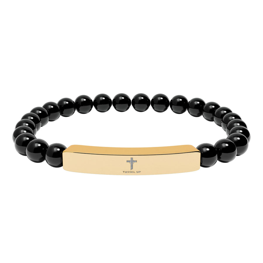 Tassel Up Cross Natural Stone Stretch Bar Bracelet