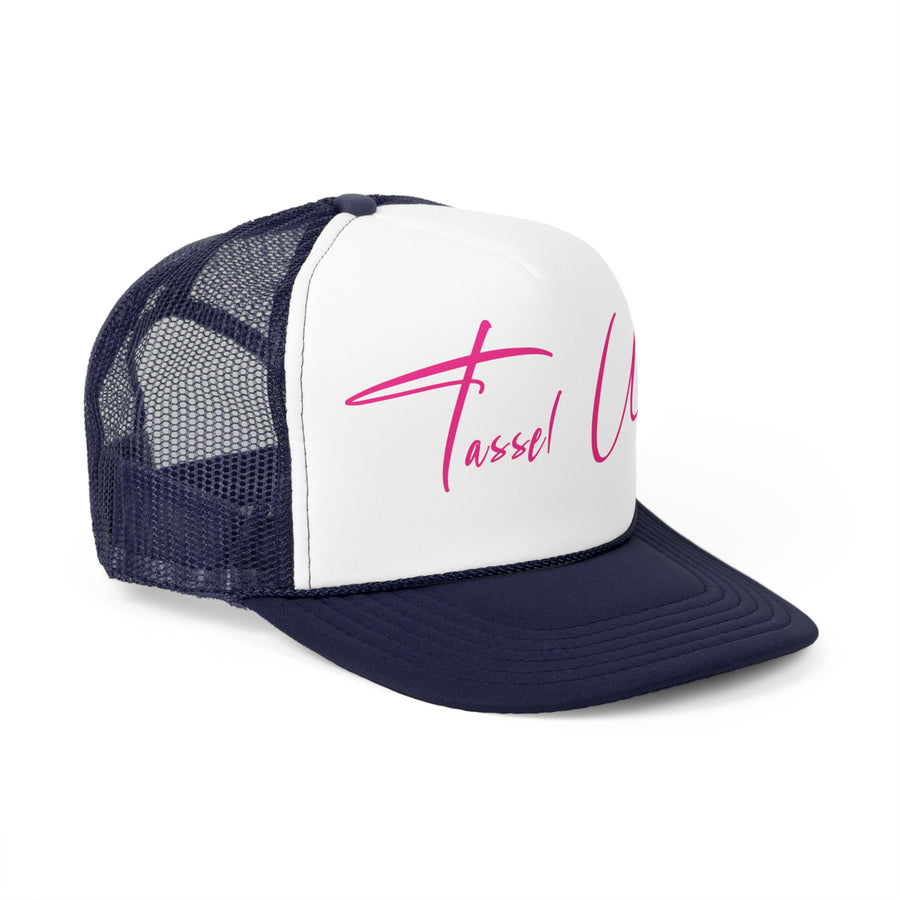 Tassel Up Pink Cursive Letters Trucker Cap