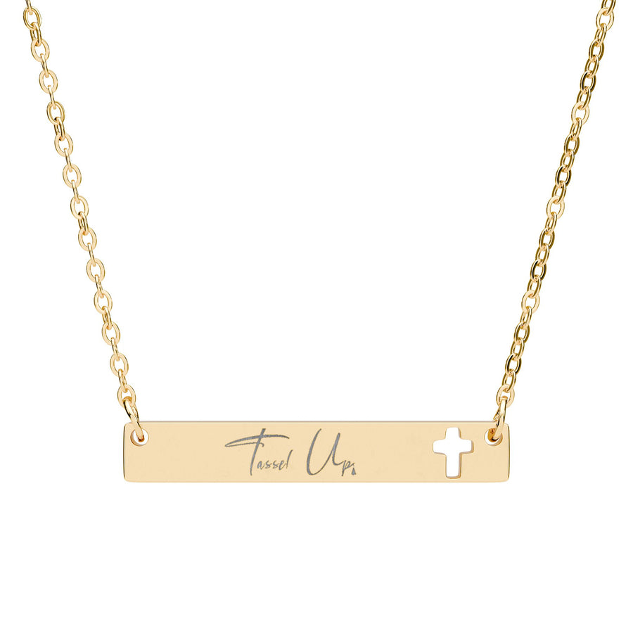 Tassel Up Cursive Cutout Cross Bar Necklace