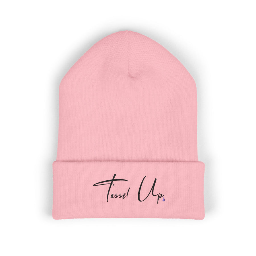 Tassel Up Cursive Cuffed Beanie