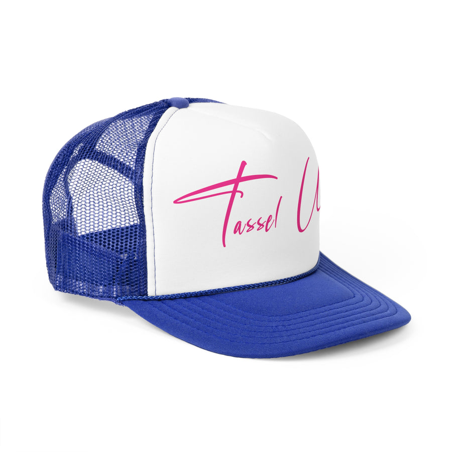 Tassel Up Pink Cursive Letters Trucker Cap