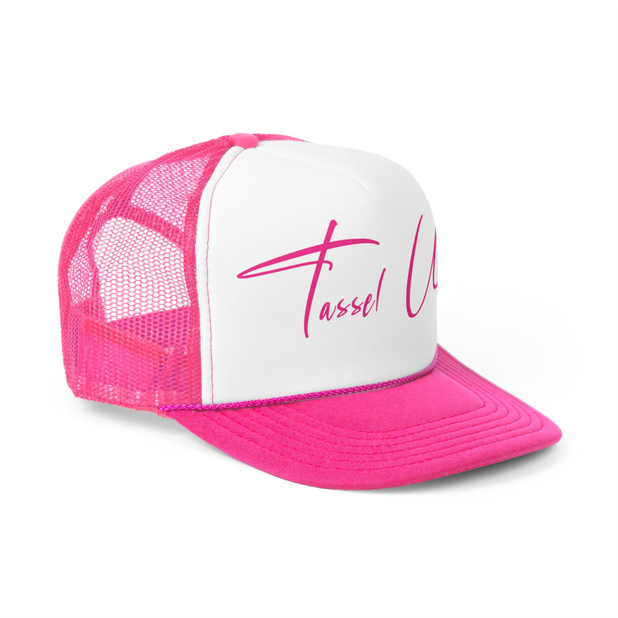 Tassel Up Pink Cursive Letters Trucker Cap