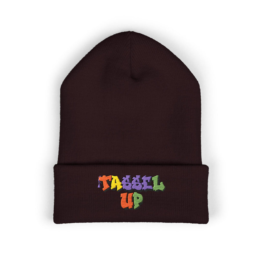 Tassel Up Graffiti Cuffed Beanie