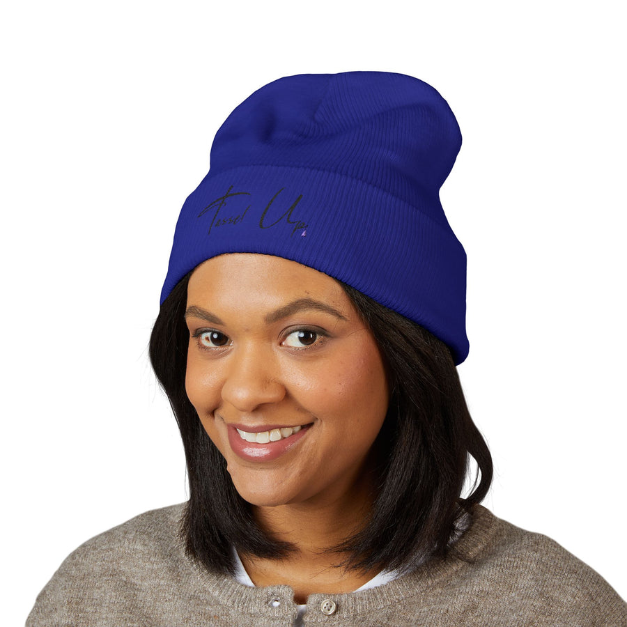 Tassel Up Cursive Cuffed Beanie